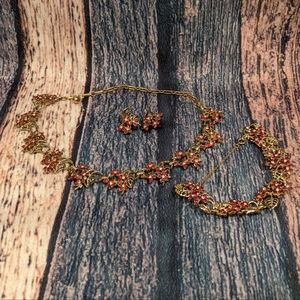 Gold Floral Bracelet Necklace and Clip On Earrings Set